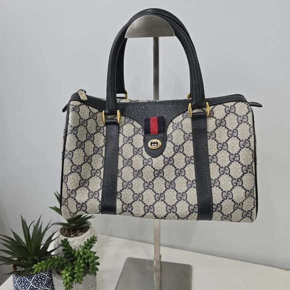 GUCCI - Vintage GG Sherry Line Boston Bag in Rare Navy Blue, PVC & Leather - Picture 1 of 16